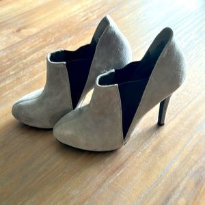 BCBG Paris grey suede bootie heels